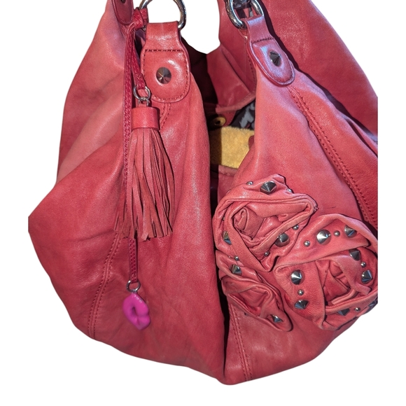 Rare Betsy Johnson Rose Studded Slouchy Hobo Bag In Pinkish Red, Silver Hardware - Picture 3 of 8